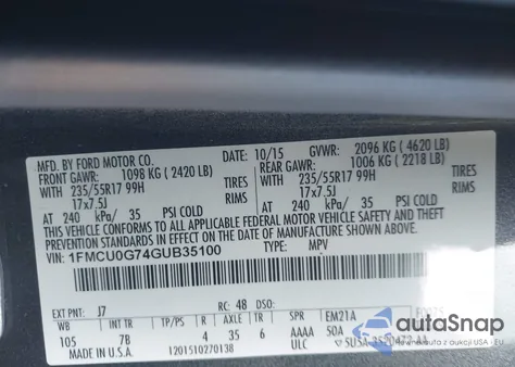 2016 Ford Escape Se from USA, damaged, VIN 1FMCU0G74GUB35100